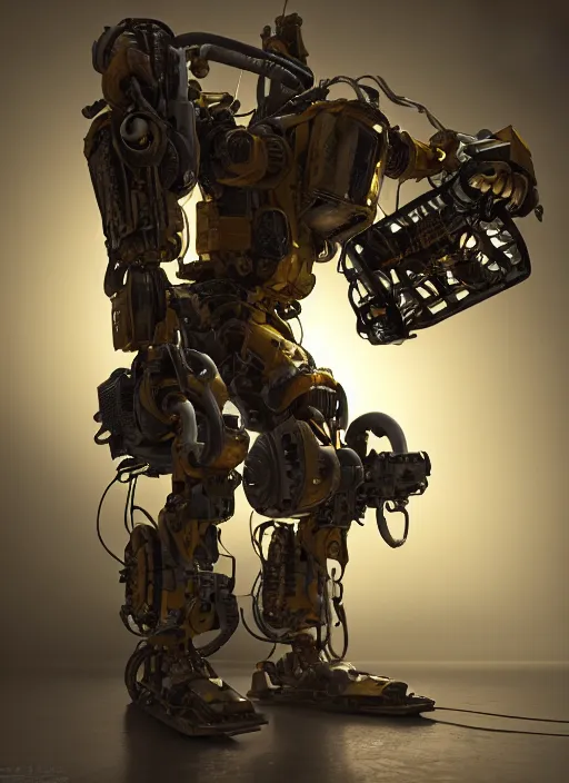 Image similar to a photorealistic dramatic hyperrealistic render of a futuristic exosuit power loader heavy machinery, ultra realistic details, glossy yellow, well worn, rust, oil stains by vitaly bulgarov and mike nash, beautiful dramatic dark moody tones and lighting, cinematic atmosphere, studio lighting, global illumination, shadows, dark background, octane render, 8 k