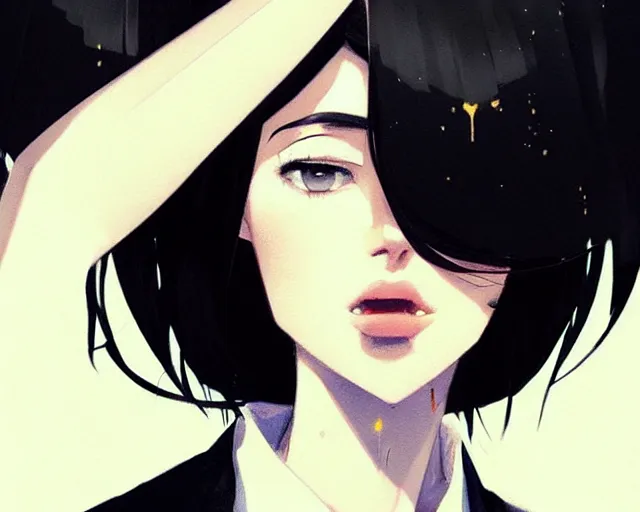 Image similar to a ultradetailed beautiful panting of a stylish woman wearing a shirt with a tie, she has black hair, by conrad roset, greg rutkowski and makoto shinkai, trending on artstation