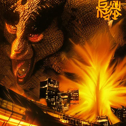 Image similar to golden lion tamarin destroying tokyo in the style of the movie godzilla, cinematic lighting, cinematic framing and shadows 1 9 7 0 s aesthetic