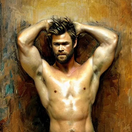 Prompt: Chris Hemsworth with a hairy!!!!! shredded!!!!! body type, painting by Gaston Bussiere, Craig Mullins