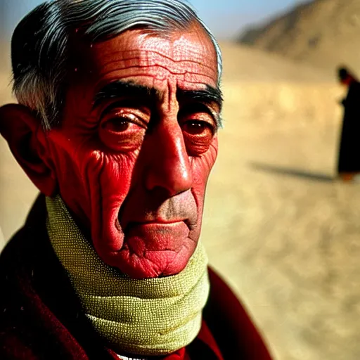 Image similar to portrait of president woodrow wilson as afghan man, green eyes and red scarf looking intently, photograph by steve mccurry