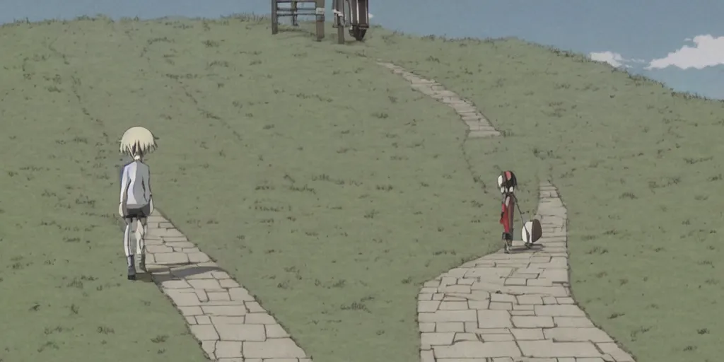 Prompt: A robotic pilgrim with very long legs walking along an empty path, anime style, art by Hayao Miyazaki, art by Studio Ghibli