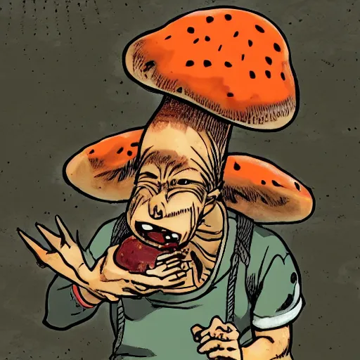 Image similar to en from dorohedoro eating a mushroom