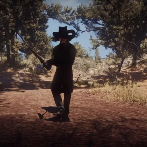 Image similar to killua dual-wielding in red dead redemption 2, cinematic shot, night time