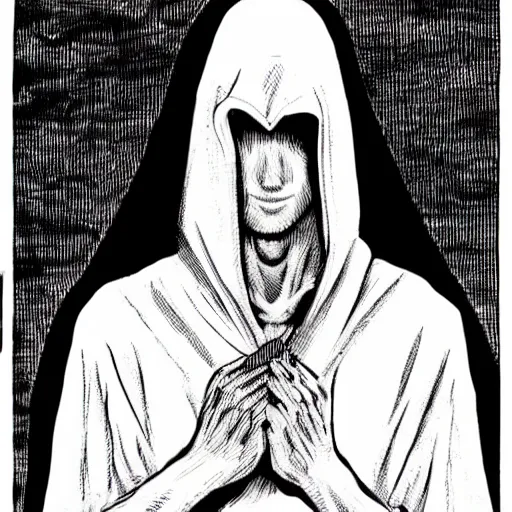 Prompt: hooded man with concealed face, junji ito,