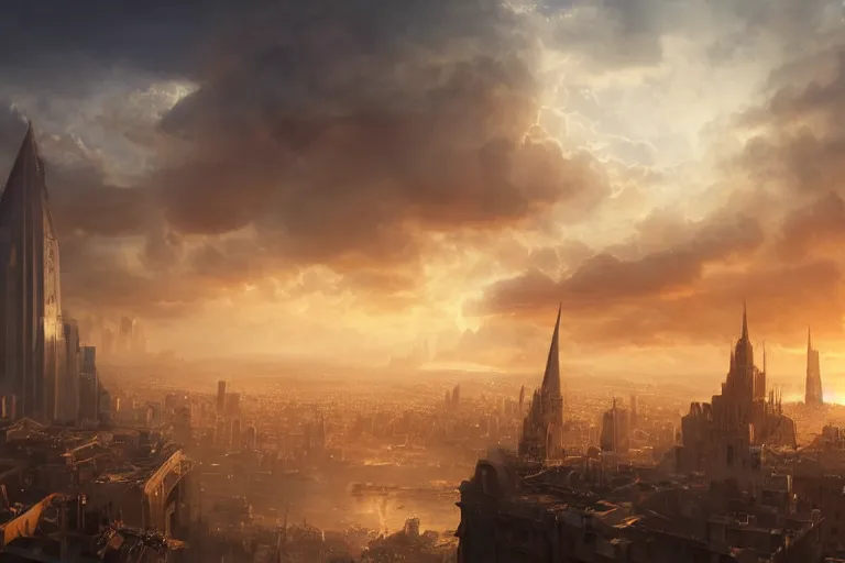 Image similar to a unicorn flying over a city on fire, matte painting, long shot, concept art, wide shot, digital art, trending on artstation, 4 k, extremely detailed, realistic, midday, warm colors, golden sunlight, by greg rutkowski, cinematic, epic