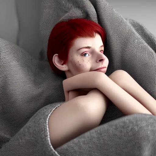 Prompt: portrait of a cute thin young woman, red blush, cute freckles wearing casual clothes, small smile, relaxing on a couch, cozy under a blanket, cozy living room, close up shot, 8 k, octane render, trending on artstation, art by diego fazio and irakli nadar and ron mueck,, hyperrealism, hyperdetailed, ultra realistic