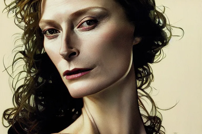 Prompt: hyper realistic portrait of tilda swildon, bigger forehead, bigger chin, from the side, by lee bermejo, alphonse mucha and greg rutkowski