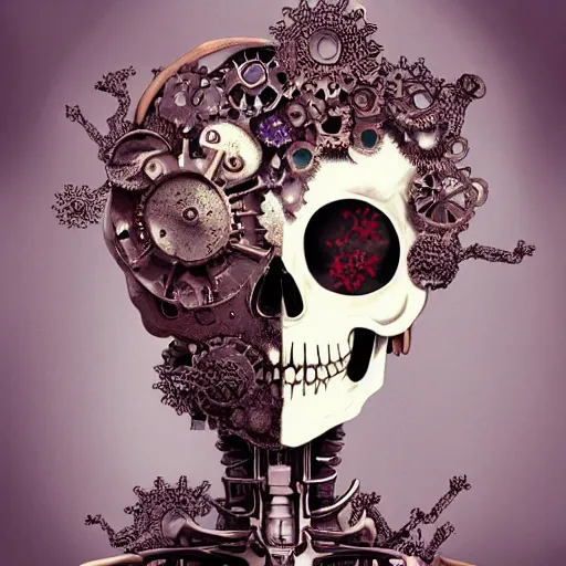 Prompt: surreal manga anime portrait girl skull of complex bio - mechanical beautiful young female skeletal cyborg with a mandelbrot fractal steampunk metal skull face, disney, retrofuturistic depressing, floral foliage, rococo, steampunk, 8 k