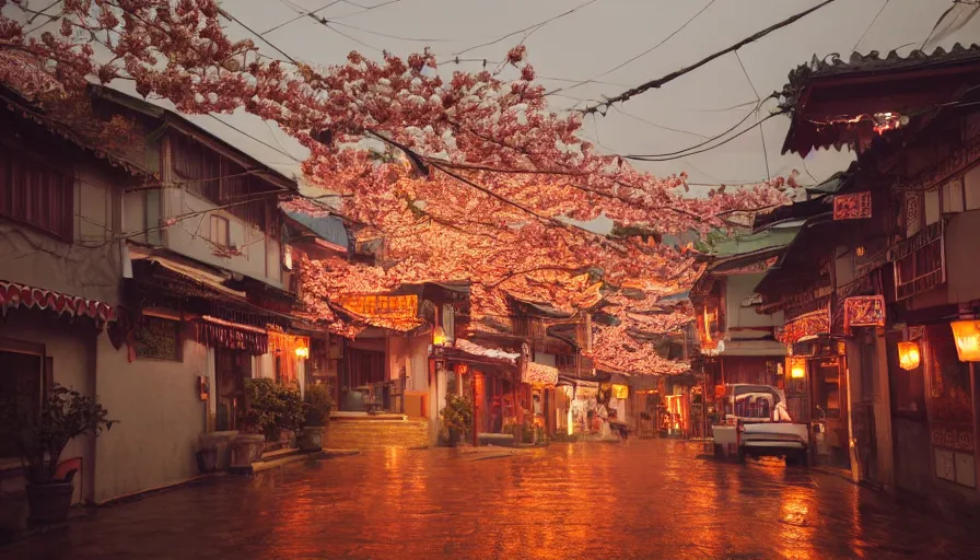 Prompt: a Wes Anderson 35mm film still of a very surreal magic small mountain town, like Jiufen, golden hour, falling cherry blossom pedals, in the style of Gucci, glowing warm lights and floating lanterns, foggy atmosphere, rainy, moody, muted colors, magic details, very detailed, 8k, cinematic look, octane render, psychedelic,