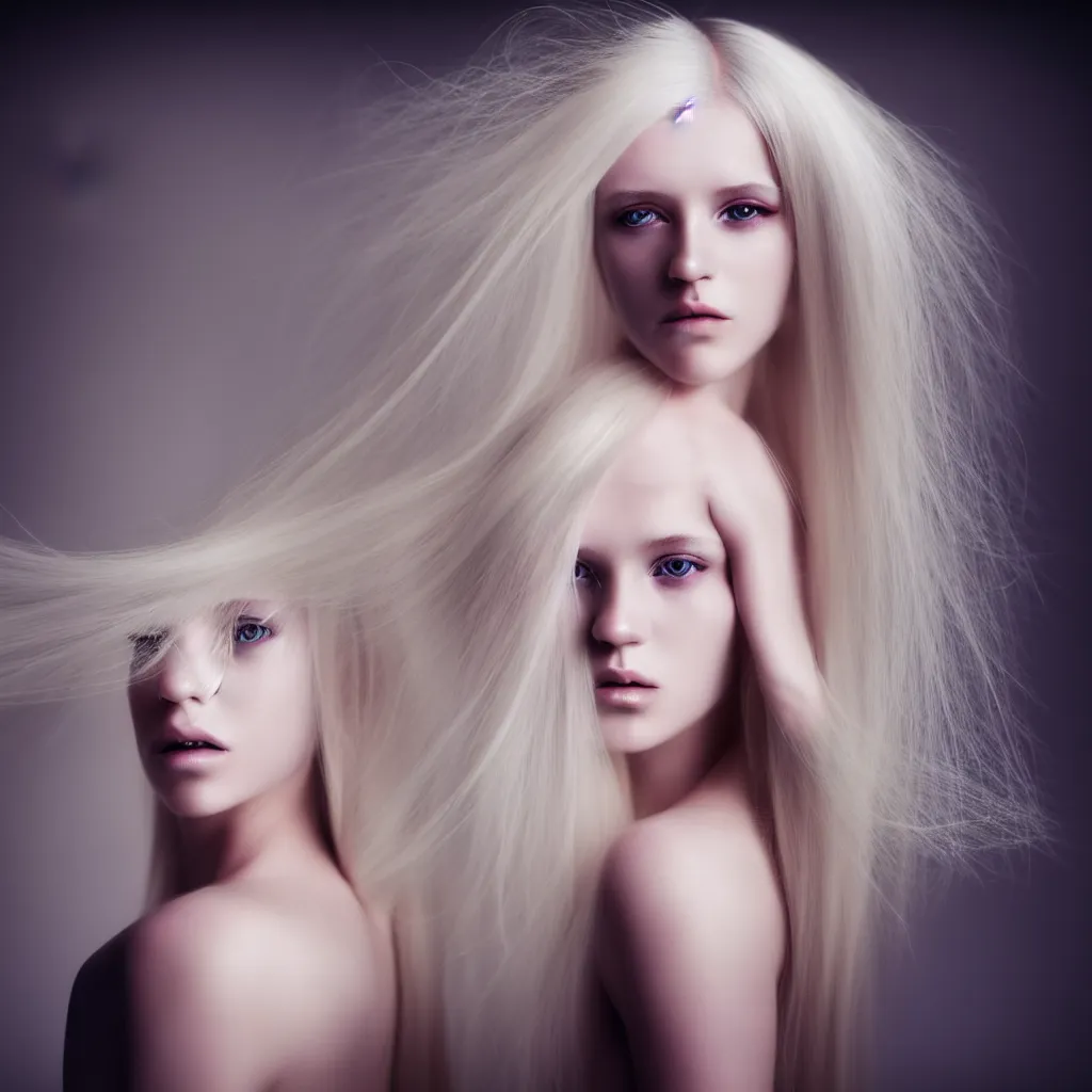 Image similar to photo portrait of a young woman with long blond hair dressed in long white, fine art photography light painting in style of Paolo Roversi, professional studio lighting, dark background, hyper realistic photography, fashion magazine style