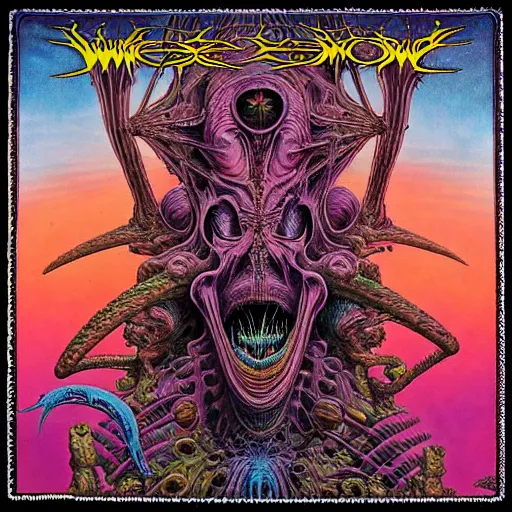 Prompt: stoner metal album cover in the style of wayne barlowe and kenny scharf and philippe druillet, realistic, insanely detailed, intricate, smooth, airbrush, play-doh