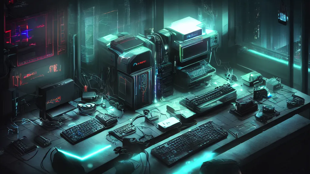 Prompt: a cyberpunk overpowered computer. Overclocking, watercooling, custom computer, cyber, mat black metal, alienware, Cyborg R.A.T 7, futuristic design, desktop computer, desk, home office, whole room, minimalist, Beautiful dramatic dark moody tones and lighting, orange neon, Ultra realistic details, cinematic atmosphere, studio lighting, shadows, dark background, dimmed lights, industrial architecture, Octane render, realistic 3D, photorealistic rendering, 8K, 4K, computer setup, highly detailed