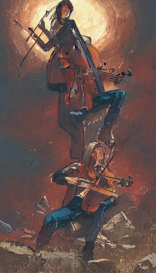 Prompt: a digital illustration of a cellist playing in an apocalyptic landscape, marvel comics, by Pascale Blanche