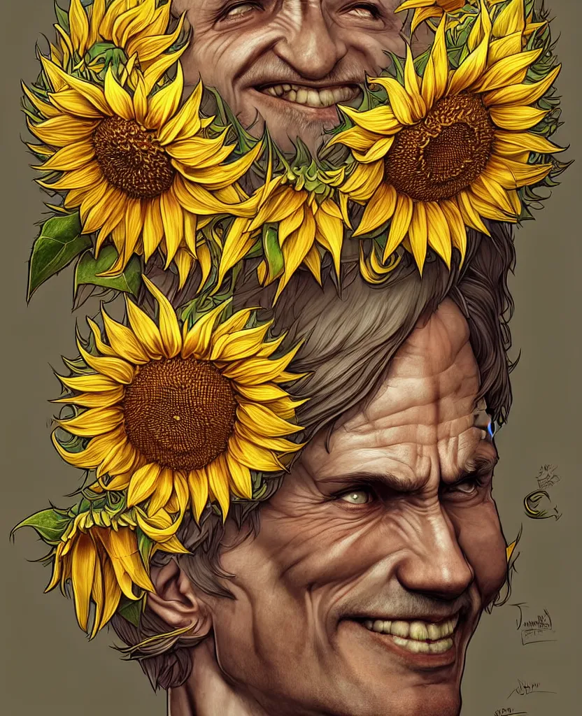 Image similar to digital art, centered full body of Putin smiling king, Sunflower crown, ,intricate, veins, by James Jean and by artgerm , by ross tran ultradetailed, charachter design, concept art, trending on artstation,