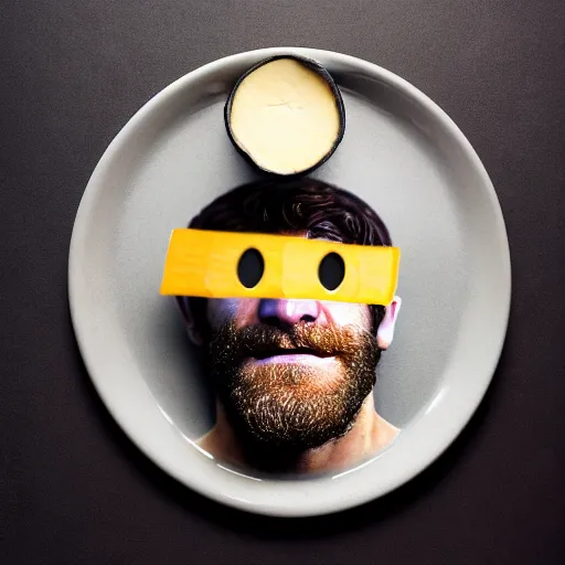 Image similar to food photography of jake gyllenhaal's face fused with halloumi cheese ( ( white halloumi cheese hybrid with jake gyllenhaal face ) ), jake gyllenhaal sentient cheese man, by greg rutkowski