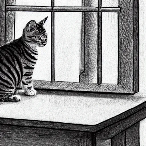 Image similar to a tabby cat named clarence laying on a table looking out the window, it is a sunny day, in the style of a hand drawn pencil sketch