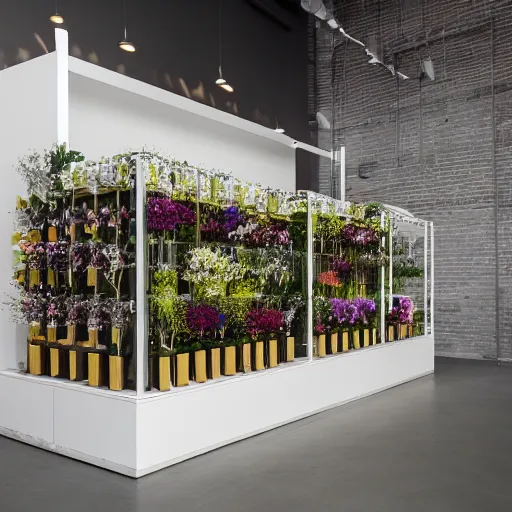 Prompt: flower shop design by white science labotory, made of stainless steel