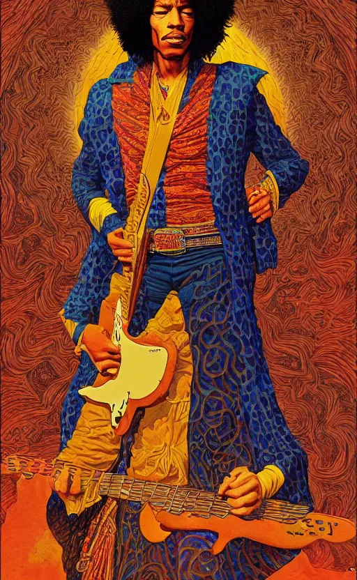 Image similar to an awesome jean giraud graphic art of jimi hendrix in the style of a renaissance masters portrait, mystical and new age symbolism and tibetan book of the dead imagery, intricately detailed, 4 k