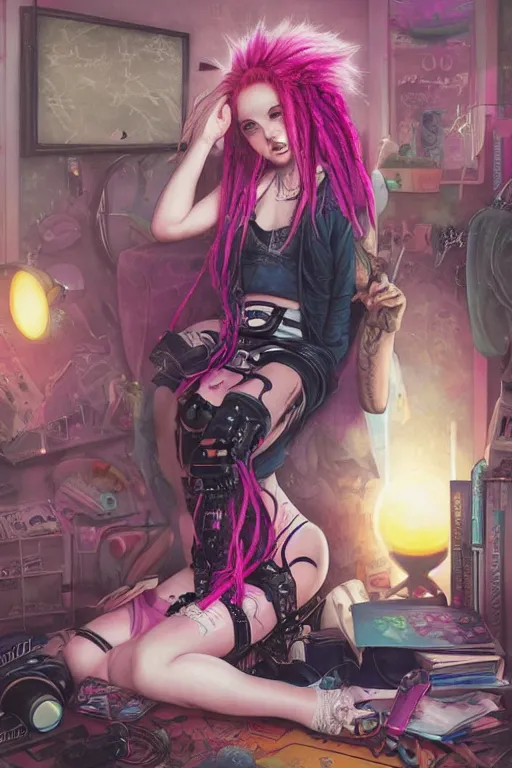 Image similar to cybergoth girl with pink dreads sitting on the floor of a cluttered 9 0 s bedroom reading a book by artgerm, tom bagshaw, gerald brom, vaporwave colors, lo - fi colors, vaporwave, lo - fi, 4 k, hd,