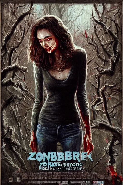Prompt: movie poster of miranda kerr staring in a 1980 horror movie, zombie themed, by artgerm and greg rutkowski