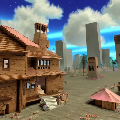 Image similar to ethereal vaporwave wooden village under attack by Duke Nukem