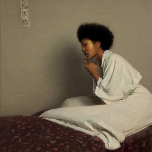 Prompt: girl with afro and angel wings, in kimono, backview, sitting on edge of bed, by jeremy lipking, tim rees, joseph todorovitch