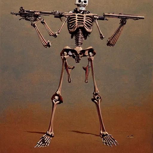 Image similar to robot cowboy skeleton with 4 arms, holding 4 guns, highly detailed beksinski art