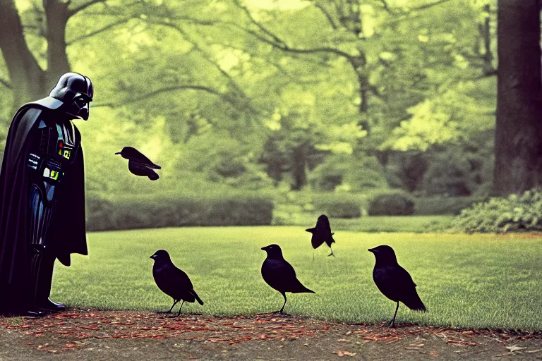 Image similar to a photograph of Darth Vader feeding the birds in a park, cinematic lighting, 35mm, morning light, national geographic, fuji velvia, highly detailed, 8k,