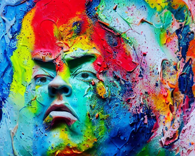 Image similar to abstract expressionist portrait of a head showing strong negative emotions painted with very thick impasto paint and acrylic pour and coloured powder explosion and splashing paint and dripping paint and flying paint chunks, dimmed realistic colours, motion blur, hyperrealistic, intricate art photography, anatomically correct, realistic crisp textures, 1 6 k