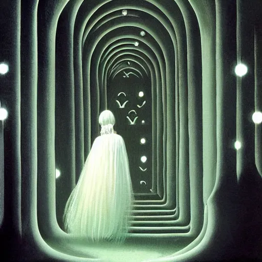 Prompt: labyrinth pan's by karel thole, by phil koch extemporaneous. a beautiful painting. she coalesces into a tall woman in a white dress, diamonds around her neck, hair carefully arranged in auburn waves, young & old at the same time.