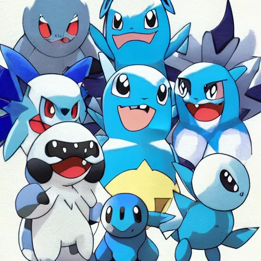 Prompt: a group of blue pokemon, high quality,