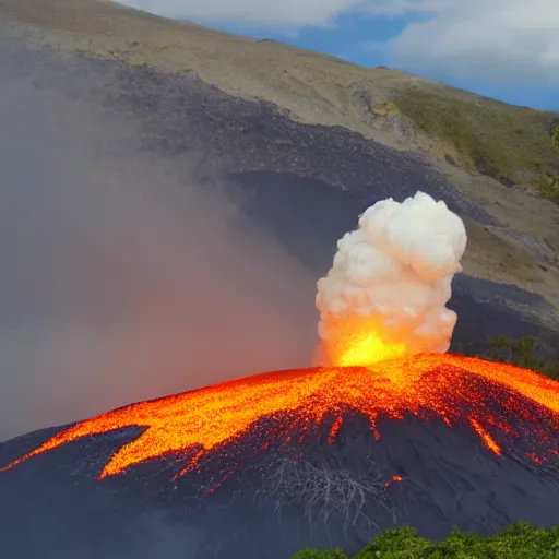 Prompt: a volcano erupting. oblivious citizens continue their day