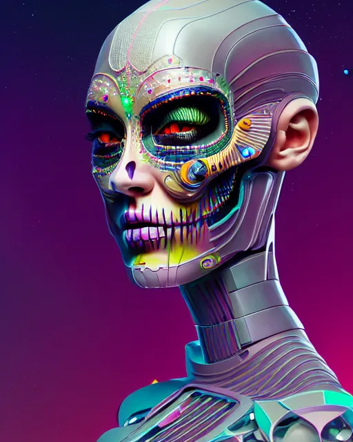 Prompt: side portrait of female android, sharp focus, sci - fi, fantasy art, highly detailed vfx portrait, geometric polygons, global illumination, detailed and intricate environment by james jean, liam brazier, victo ngai and tristan eaton, digital illustration, dia de los muertos. 8 k, hdr