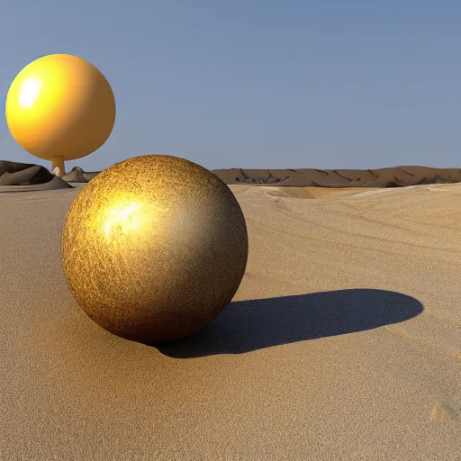 Prompt: in the center of a large sandy quarry in the sand lies a large golden ball, a broken excavator is standing nearby, an anomalous air funnel is nearby, 3 d render, high quality, depth of sharpness, focus on the object