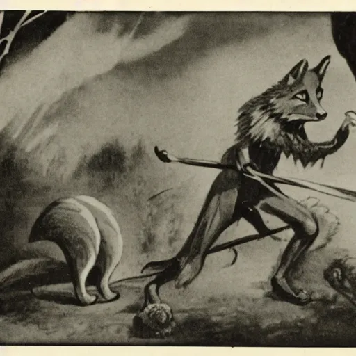 Image similar to anthropomorphic fox man fights in front of a castle that is on fire as many other anthropomorphic animals watch, 1910s film scene