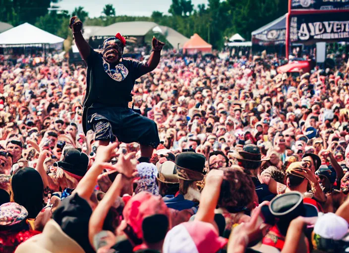 Prompt: photo still of aunt jemima in period attire at vans warped tour!!!!!!!! at age 4 0 years old 4 0 years of age!!!!!!! on stage diving into the crowd, 8 k, 8 5 mm f 1. 8, studio lighting, rim light, right side key light