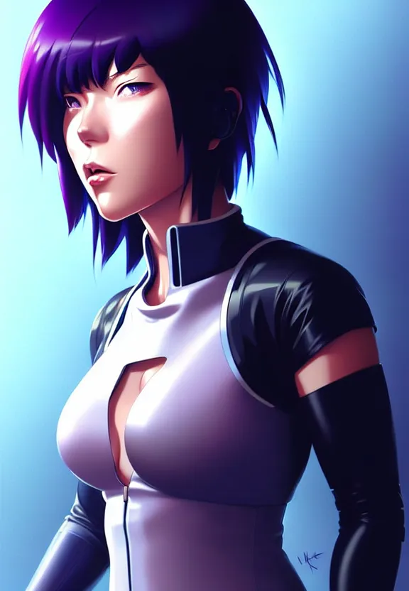 Image similar to a fullbody portrait of motoko kusanagi the major ghost in the shell : : connected to cables, under repairs, maintenance area, technicians : : by ilya kuvshinov, rossdraws, artgerm, sola digital arts, anti aliasing, raytracing : :