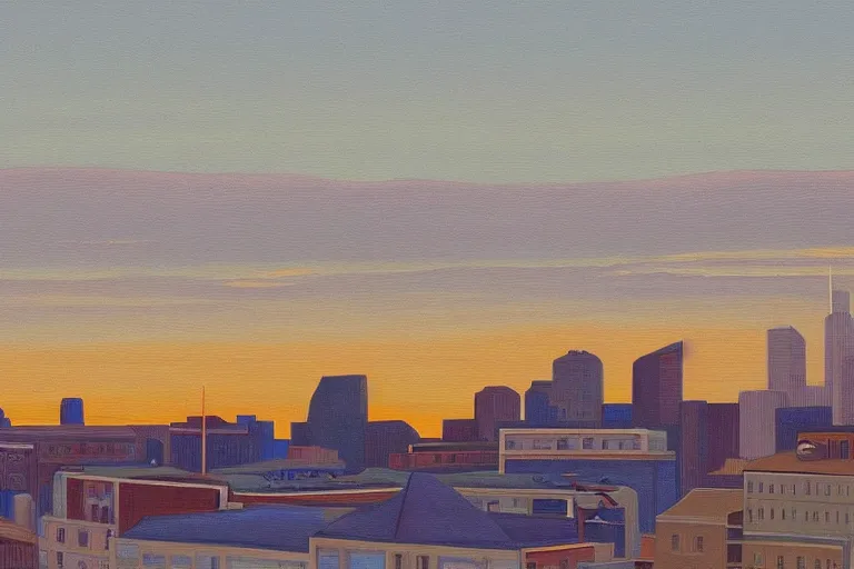 Prompt: winnipeg skyline, sunset, painting by lawren s harris, group of seven, 4 k