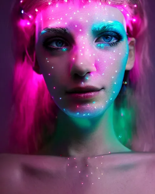 Prompt: natural light, soft focus portrait of an android with soft synthetic pink skin, blue bioluminescent plastics, smooth shiny metal, elaborate electronic jewellery, leds, piercings, face tattoo, skin textures, by annie liebovotz, paul lehr,