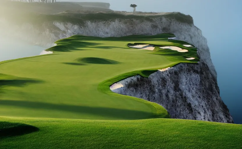 Image similar to a great photograph of the most amazing golf hole in the world, cliffs by the sea, perfect green fairway, human perspective, ambient light, 5 0 mm, golf digest, top 1 0 0, morning fog