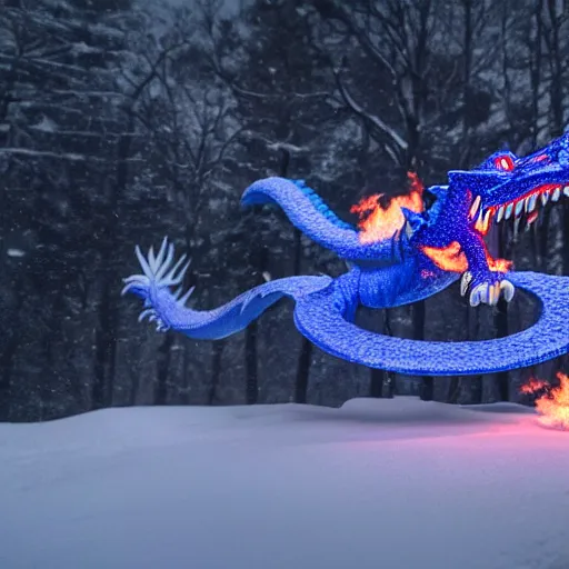 Image similar to a cobalt colored dragon breathing fire during winter, dynamic lighting, volumetric, wide angle, anamorphic lens, go pro, 4k