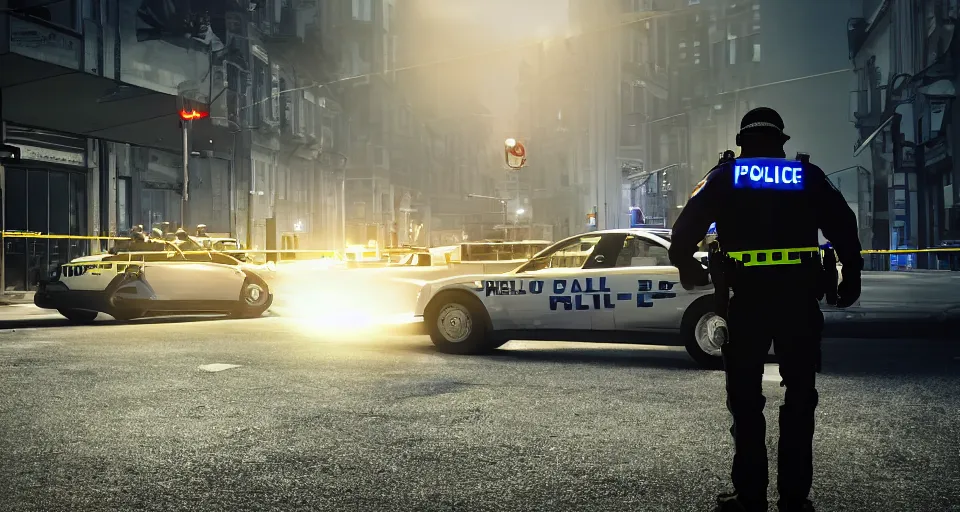 Image similar to octane render, unreal engine, man getting arrested by police, police car in background with bright police sirens, lens glare, dramatic lighting, cinematic, establishing shot, extremely high detail, photo - realistic, cinematic lighting