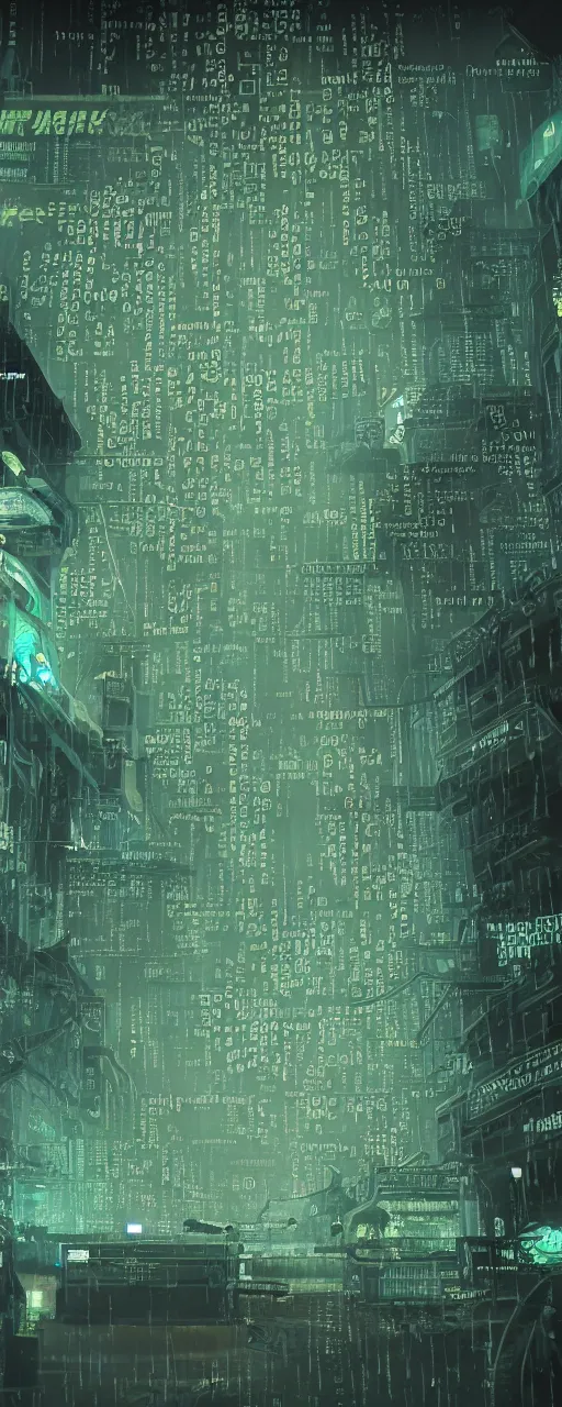 Image similar to a cyberpunk parchment with sketches and matrix rain, ancient text, neon, fractals, recursive, magic, technological, cyberpunk, lovecraft