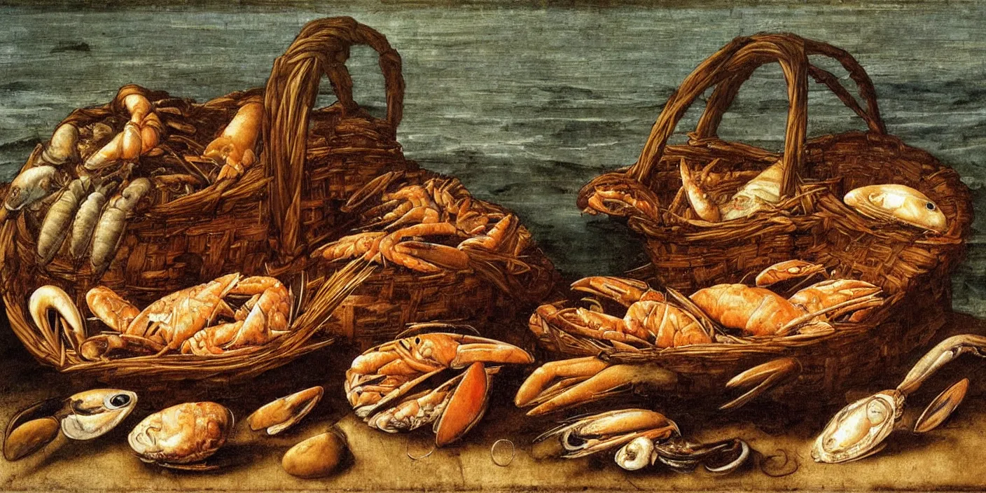 Prompt: basket of seafood, oil painting by leonardo da vinci