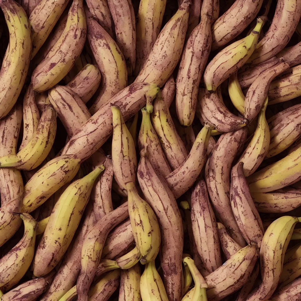 Image similar to very ripe thin bananas placed like a fractal coral, cracked, fine foliage, inside art nouveau with petal shape, and stems, mesh roots. closeup, hyper real, food photography, high quality