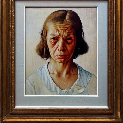 Prompt: portrait of a crying woman giving a blank stare to the viewer. She has an 🍦. A painting by Norman Rockwell