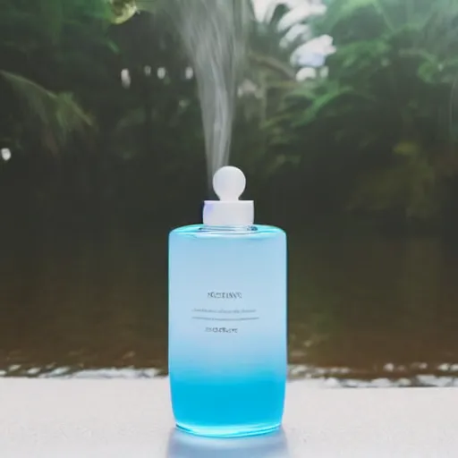 Image similar to perfume bottle standing in splashing tropical water, surrounded by leafy trees, light pastel blue sky and clouds in the background, softly - lit, soft - warm, zen, light, modern minimalist f 2 0 clean