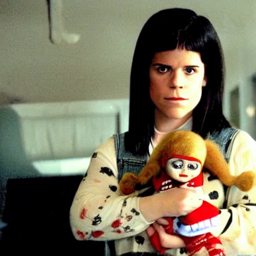 Prompt: Neve Campbell holding Chucky the killer doll