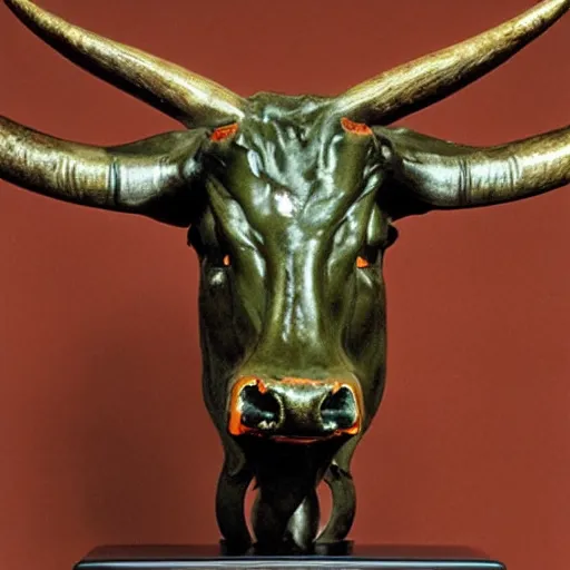 Prompt: professional color photograph of a patinated bronze portrait bust of an angry Texas Longhorn Bull supported by a bronze plinth, by (Auguste Rodin), (Jean-Leon Gerome), FREDERIC REMINGTON